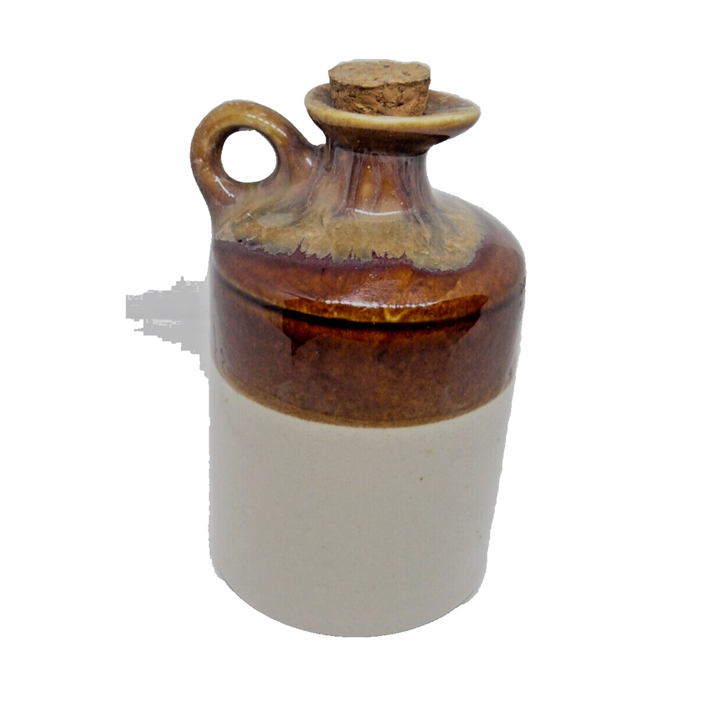 Miniature 3 Tone Little Brown Jug w/Cork Stopper Stoneware Cream/Brown/Beige VTG